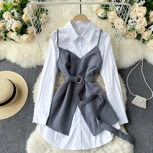 FTLZZ Summer New Arrival Office Ladies Long Sleeve White Shirt Retro Shirt Dress Sling Outside with Belt Slim Two-piece Suit