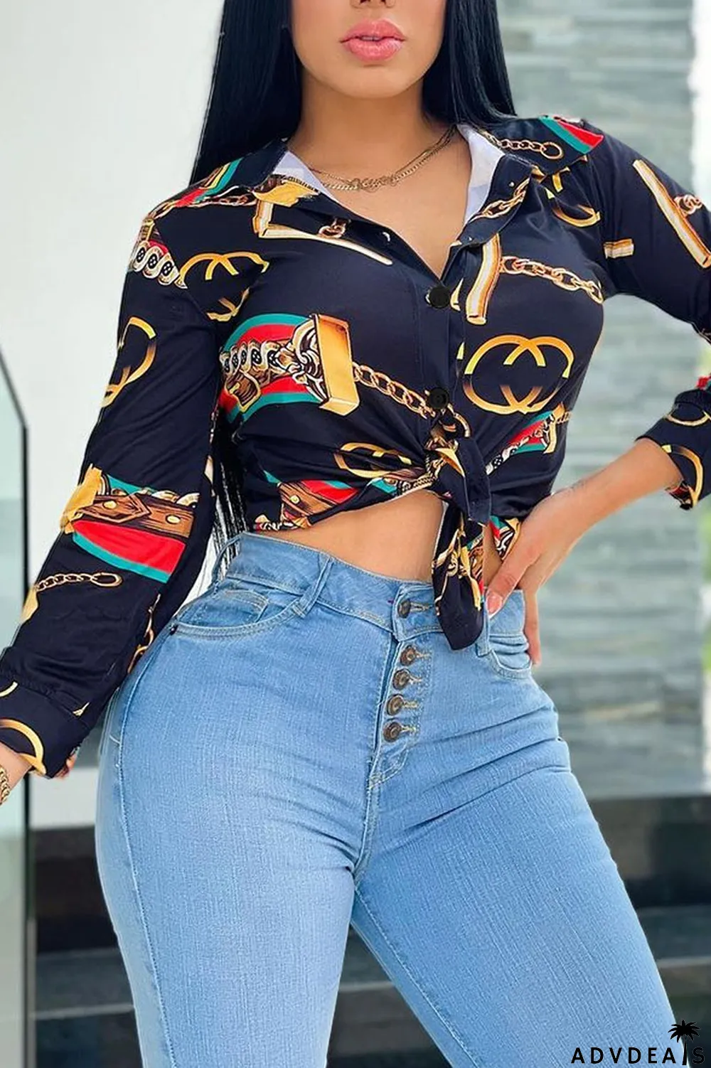 Black Casual Print Patchwork Buckle Turndown Collar Tops