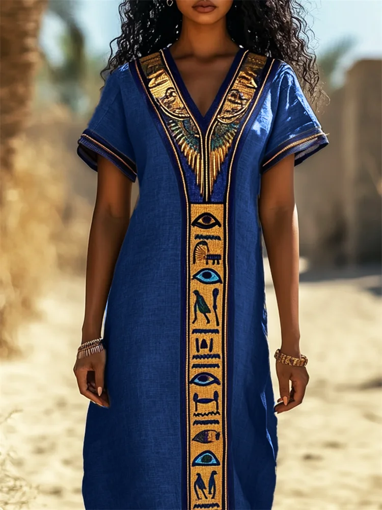 Eye Of Horus Ancient Egyptian Embroidered Linen Maxi Kaftan