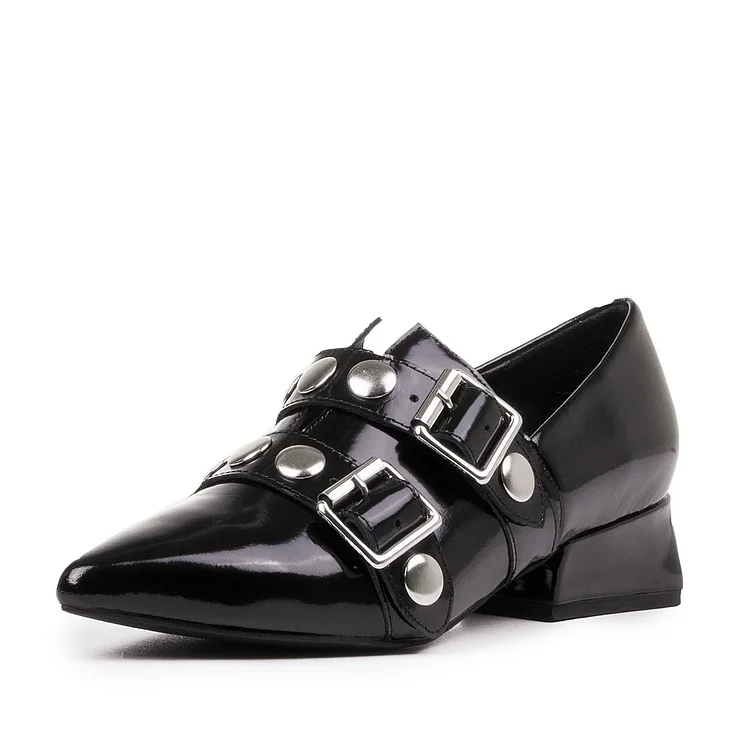 Black Buckles Pointy Toe Block Heel with Rivets Loafers for Women |FSJ Shoes