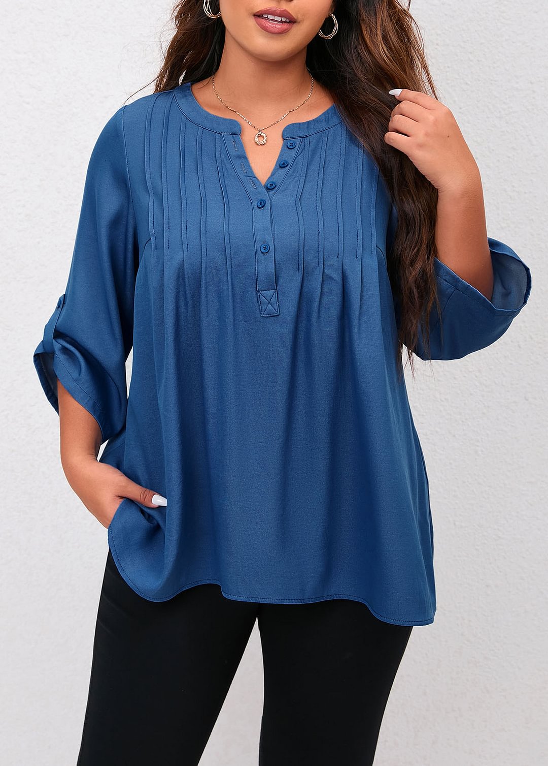 Crinkle Chest Plus Size Roll Tab Sleeve Blouse