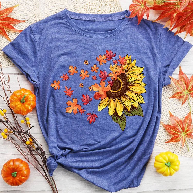 Sunflower Leaves Autumn Round Neck T-shirt-0019048