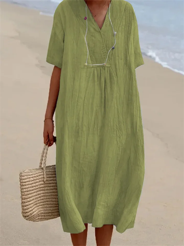 Summer New Women's Versatile Hot Explosive Models Casual Thin Skirt Solid Color Cotton Linen Dresses-Cosfine