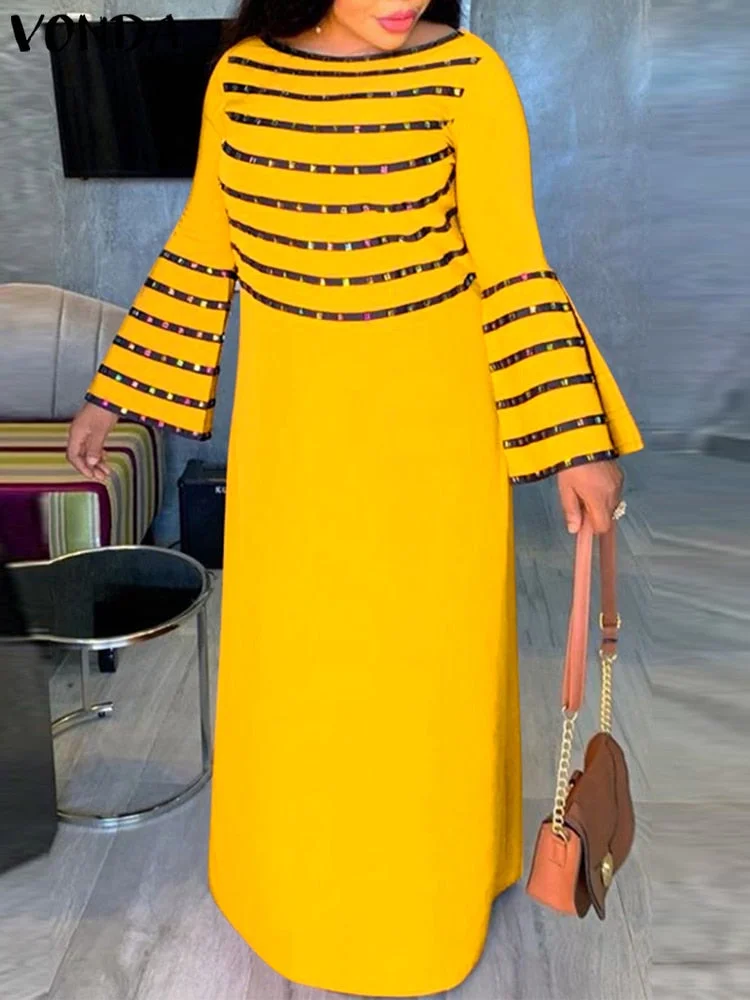 Women Summer Sundress 2022 VONDA Vintage Printed Party Long Maxi Dresses Casual Long Flare Sleeve Vestido Robe Femme Femininas