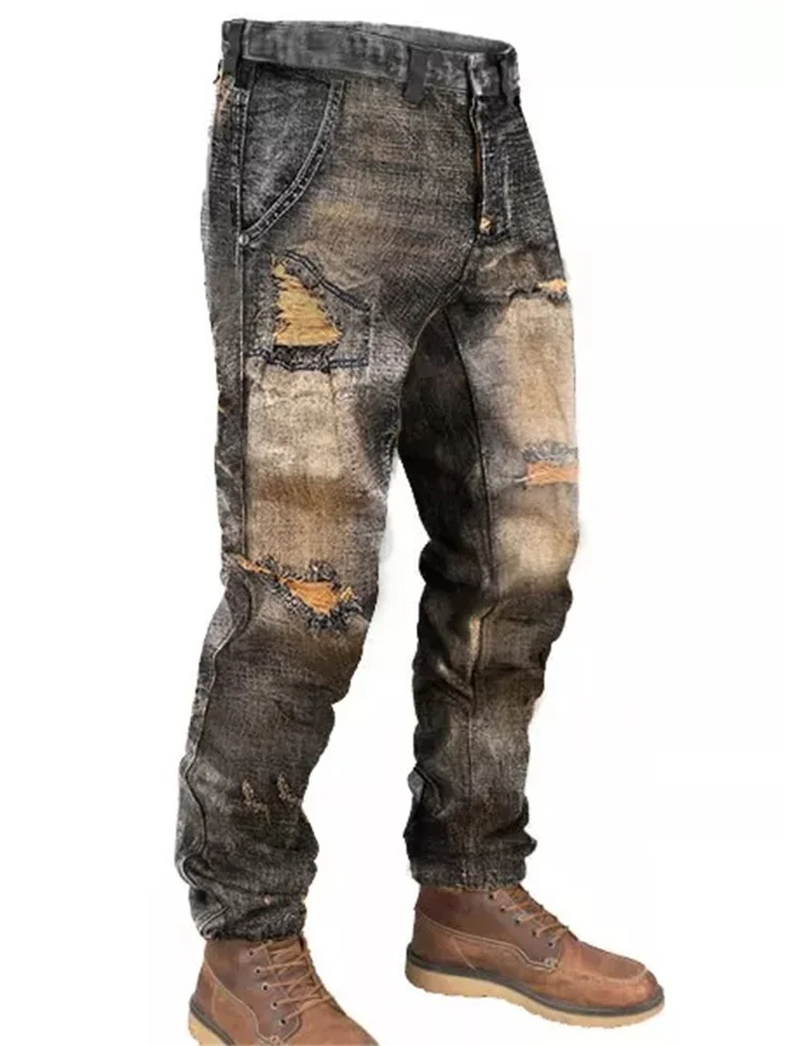Men's Vintage Distressed Washed Biker Jeans-Hoverseek