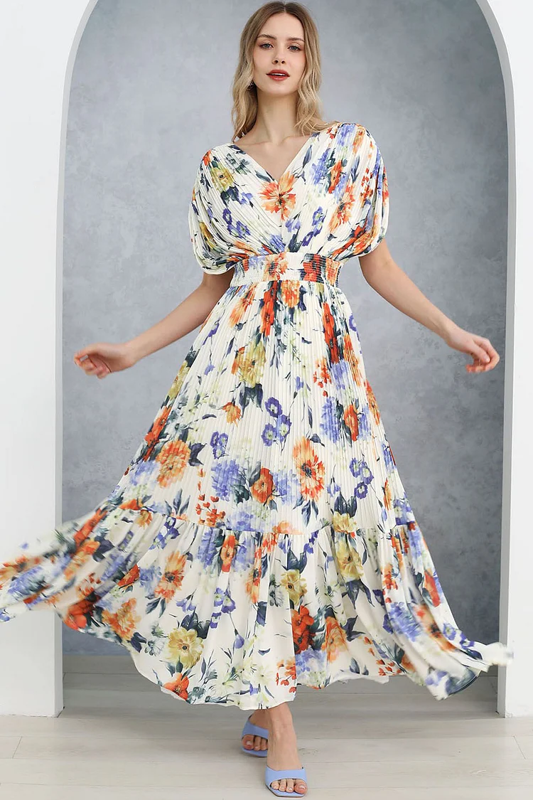 Everyday Multicolor Floral Print V Neck Pleated Shirred Waist Maxi Dress
