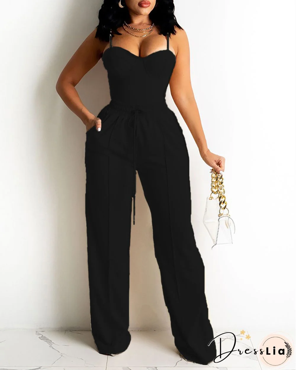 Zipper Back Cami Top & Wide Legs Contrast Pipping Pants Set