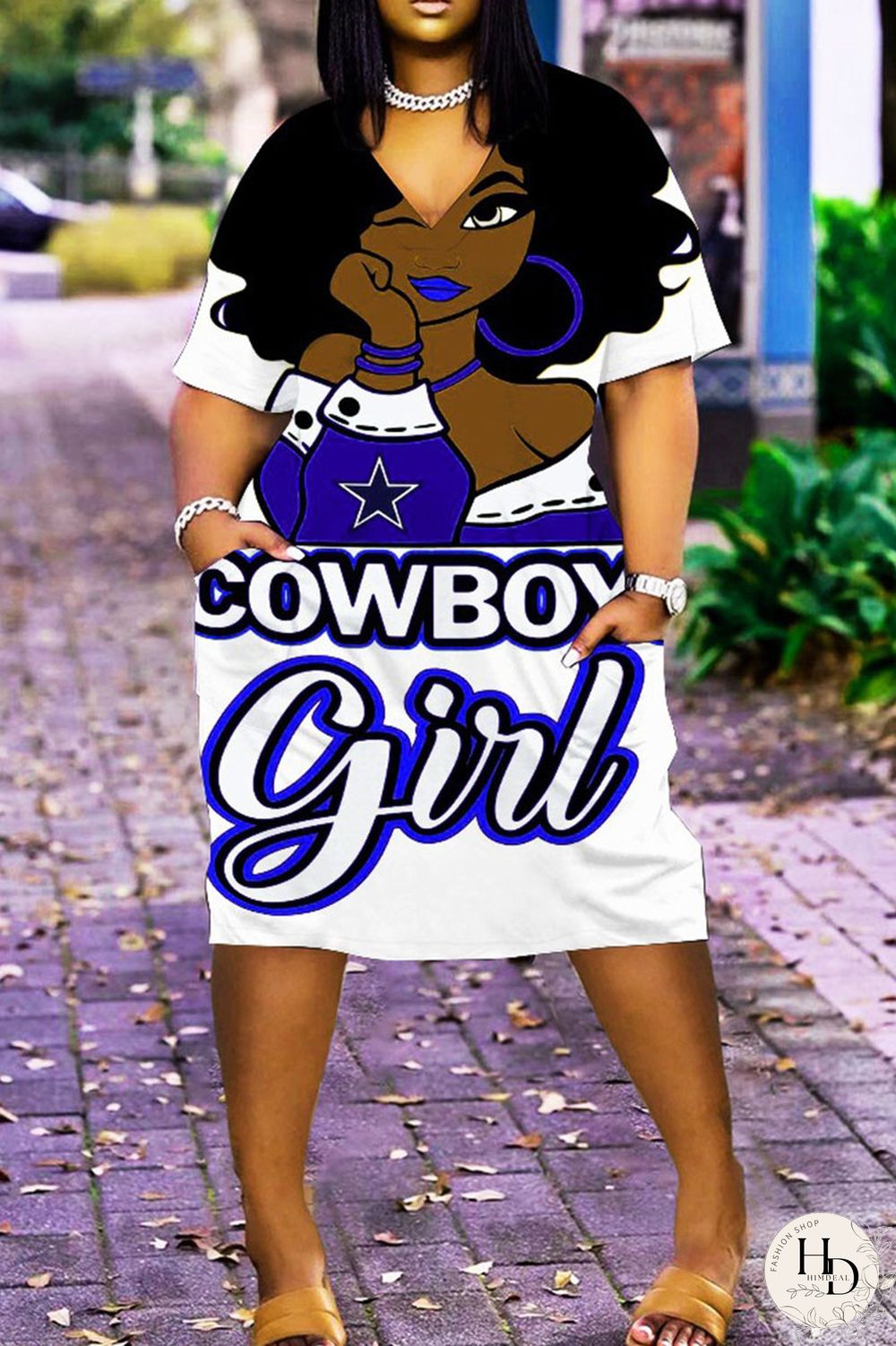 White Blue Casual Print Patchwork V Neck Straight Dresses