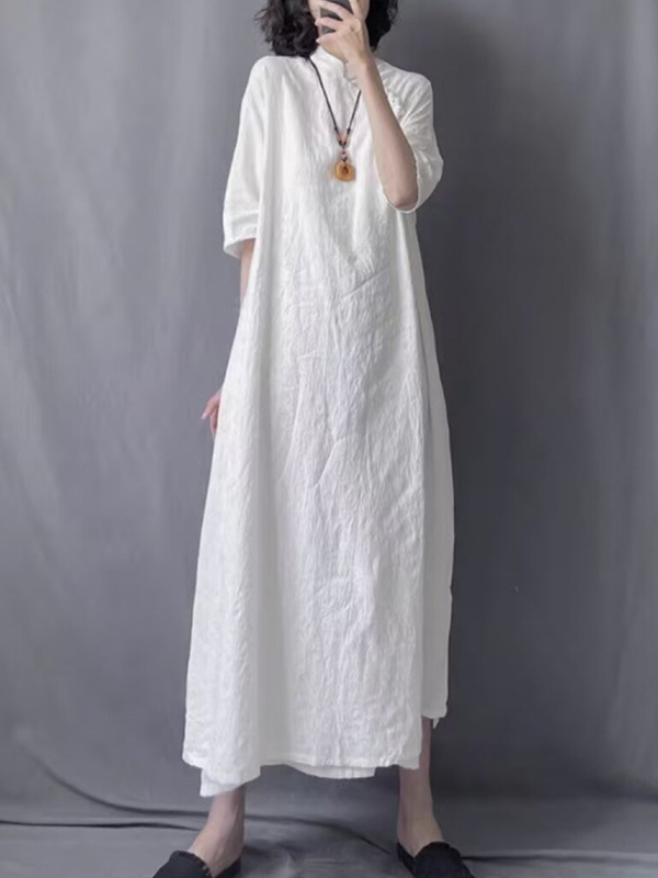 Short Sleeve Solid Color Casual Linen Maxi Dress