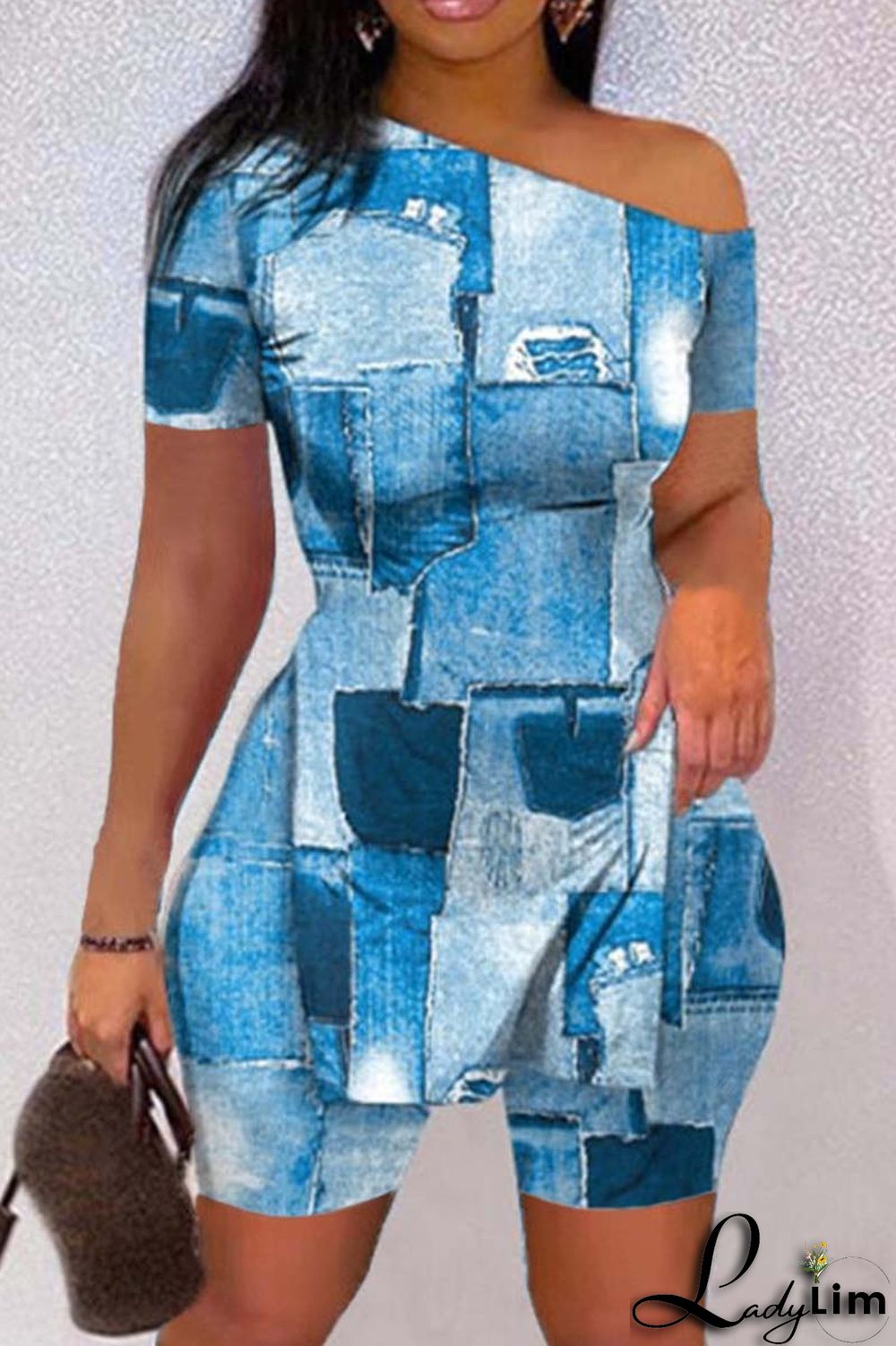 Black Casual Print Slit Oblique Collar Short Sleeve Two Pieces