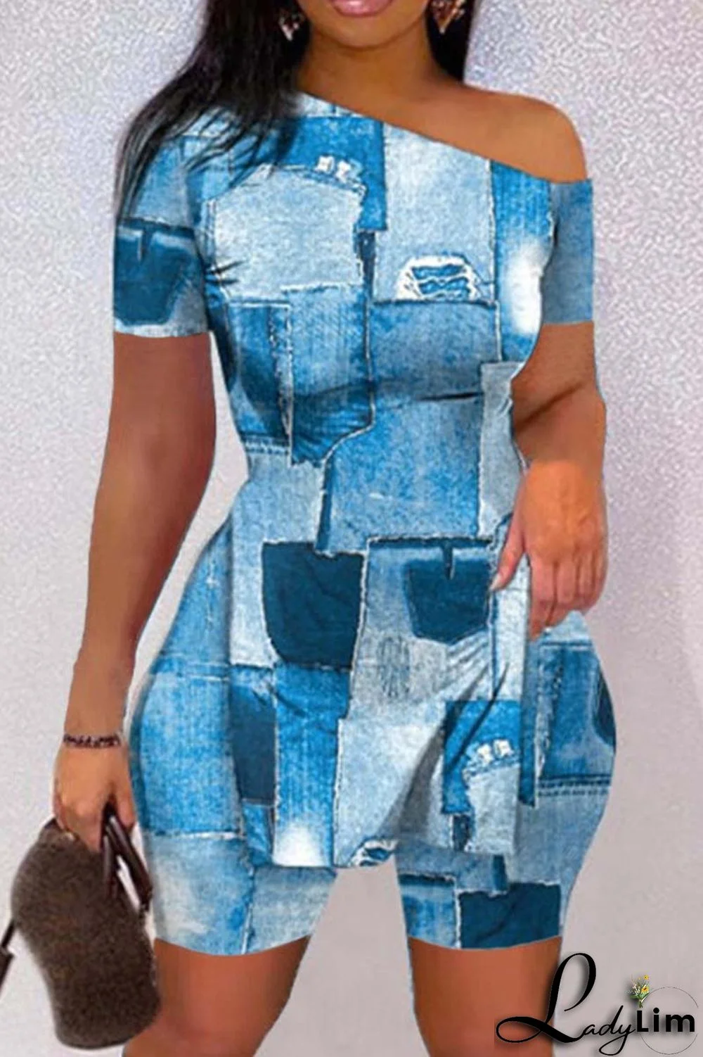 Black Casual Print Slit Oblique Collar Short Sleeve Two Pieces