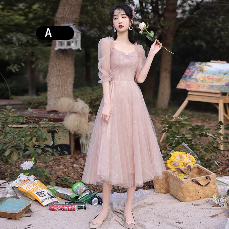 Llyge 2024 Sweet Pink Mid-Length Bridesmaid Dresses Long Elegant Tulle A-line Prom Gowns Bandage Formal Wedding Party Long Robe llyge