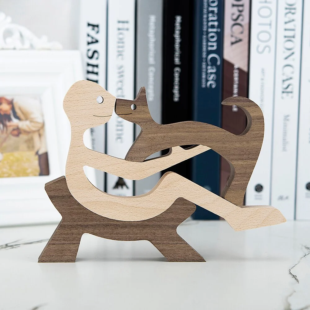 Wood Puppy Family Table Figurin Decor Ornaments Wooden Dog Craft Statue Home Decoration Cute Human and Pets Sculpture Craft Gift