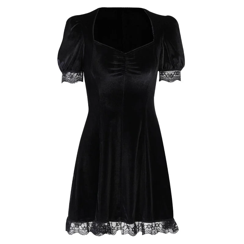 InsGoth Vintage Lace Black Dress Goth Sexy High Waist Mini Dress Aesthetic Elegant Short Sleeve A Line Dress Party Club Wear