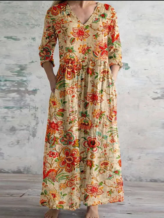 Women's 3/4 Sleeve V-neck Graphic Printed Midi Dress