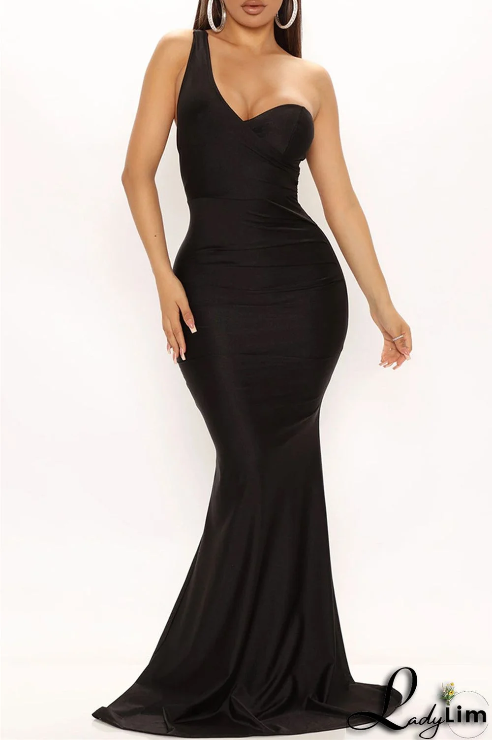 Black Fashion Sexy Solid Backless One Shoulder Evening Dress Dresses