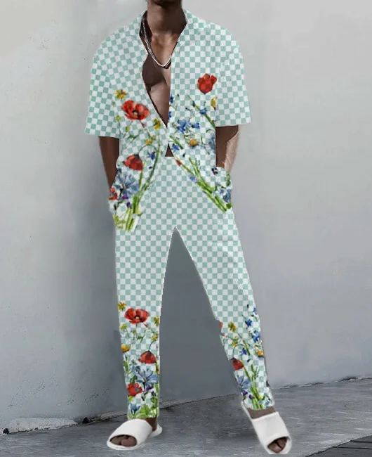 OK Casual Gingham Floral Lapel Collar Short Sleeve Loose Shirt & Pants 2Pcs Set 