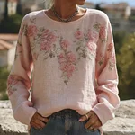 Vintage Boho Roses Pattern Round Neck Cozy Linen Tunic - Image 2