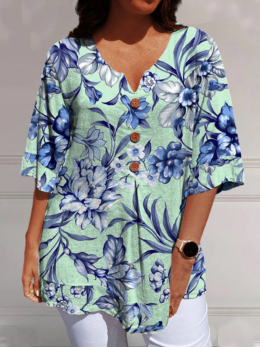 Women's Blue and Green Floral Print V-neck Shirt