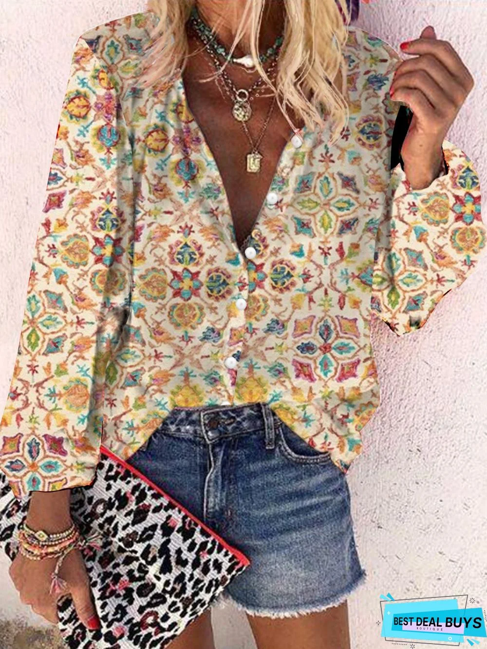 Polyester Fibre Boho Ethnic Loose Blouse