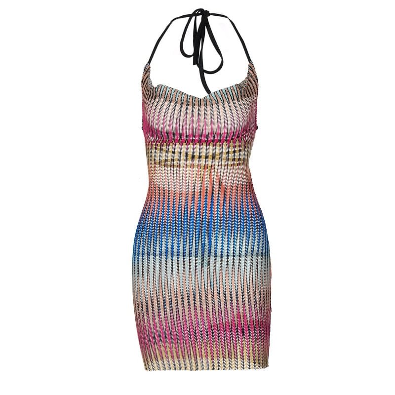 Hawthaw Women Summer Sleeveless Halter Striped Printed See Through Party Mini Dress Sundress 2021 Female Clothing Streetwear
