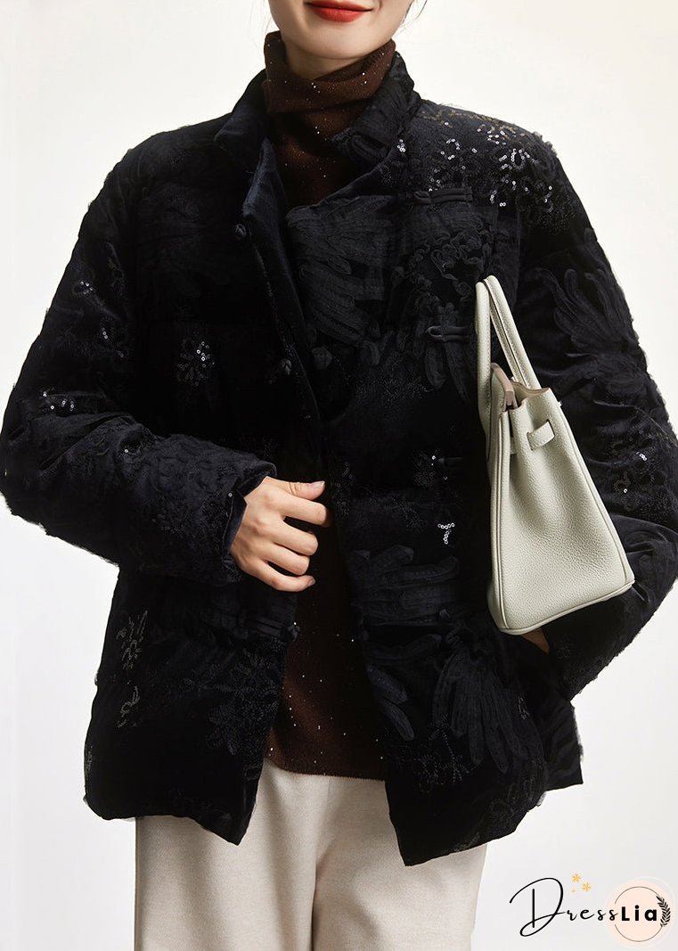 Loose Black Embroideried Sequins Duck Down Coat Long Sleeve