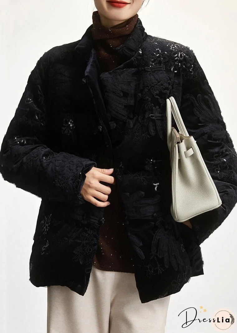 Loose Black Embroideried Sequins Duck Down Coat Long Sleeve