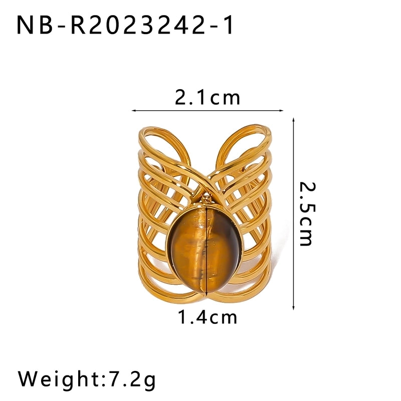 Vintage Style Modern Style Minimalist Geometric 304 Stainless Steel Natural Stone 18K Gold Plated Inlay Open Rings