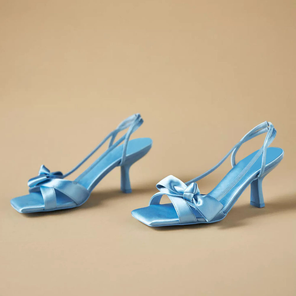 Sky Blue Satin Open Square Toe Slingback Kitten Heels with Bows Nicepairs