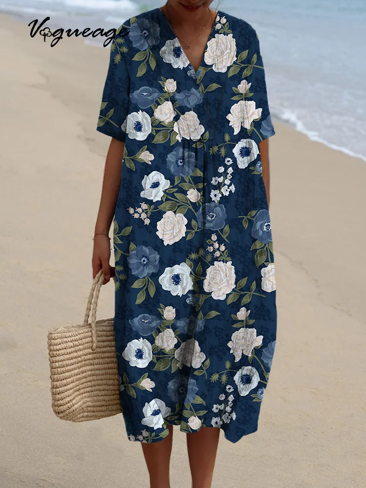 Fashionable Elegant Gentle And Comfortable Flowers Printed Women's Casual Cotton And Linen Dress