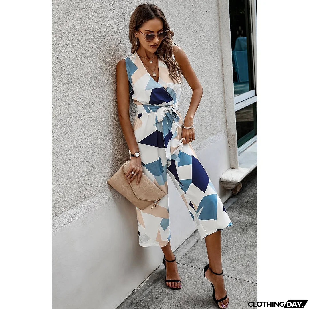 Cross Deep V Knot Belt High Waist Sleeveless Jumpsuit