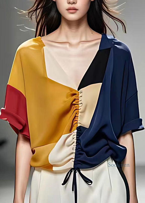 VCSHOES Colorblock V Neck Drawstring Chiffon Tops Summer