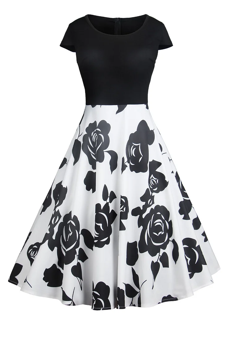 1950s Black Rose Casual Black Rose Print Patchwork A-line Swing Midi Dress