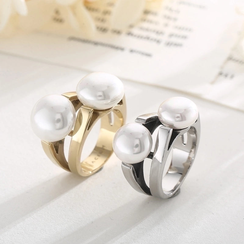 Titanium Steel 18K Gold Plated Vintage Style Plating Inlay Irregular Round Pearl Rings