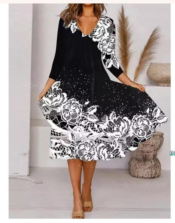 Printing Loose Long Sleeve Long Dress
