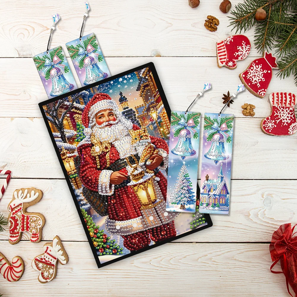 Santa Claus A5 Size Diamond Painting Notebook Set with 4Pcs Bookmark Gift