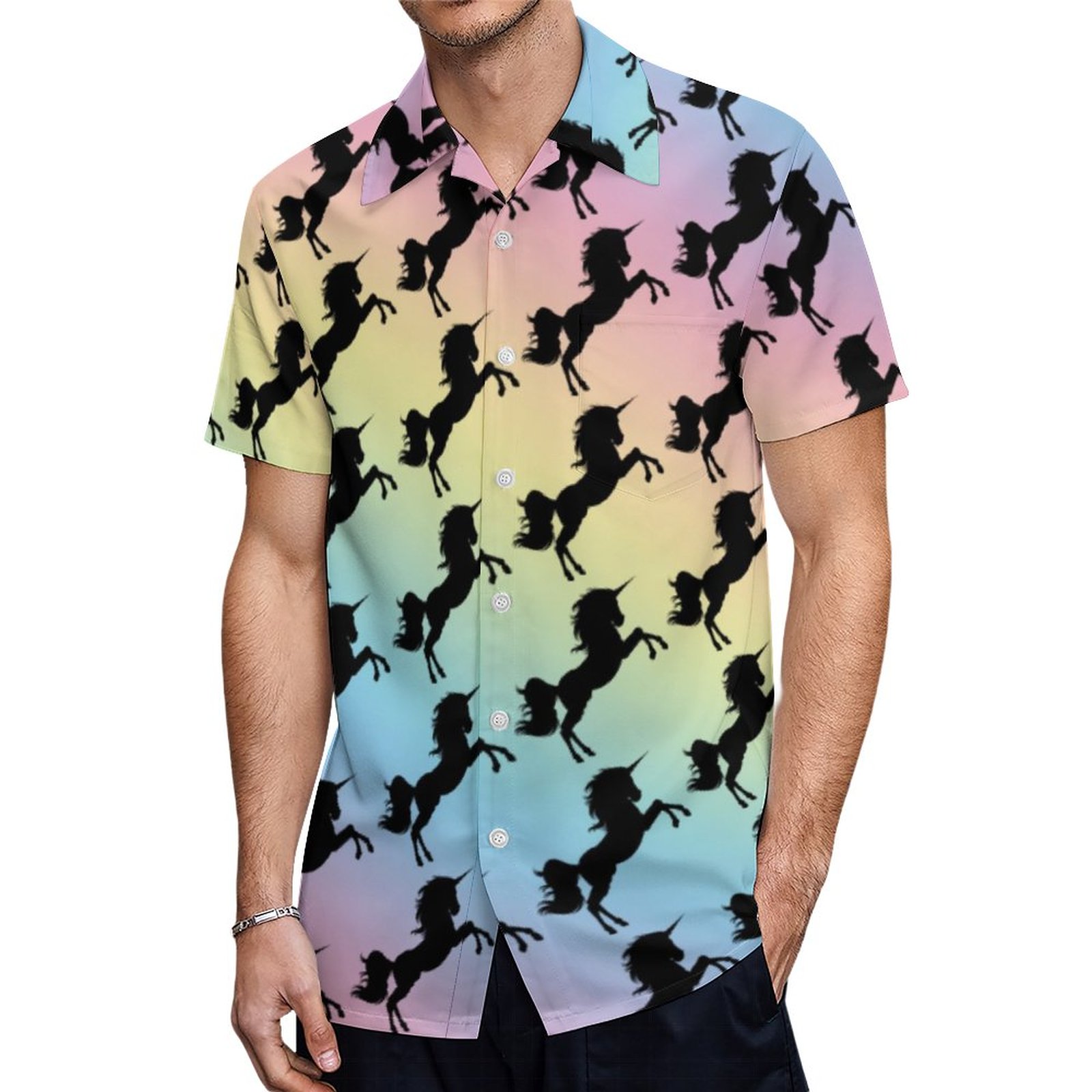 Black Unicorn Silhouette On Pastel Rainbow Hawaiian Shirt Mens Button Down Tropical Hawaii Beach Shirts