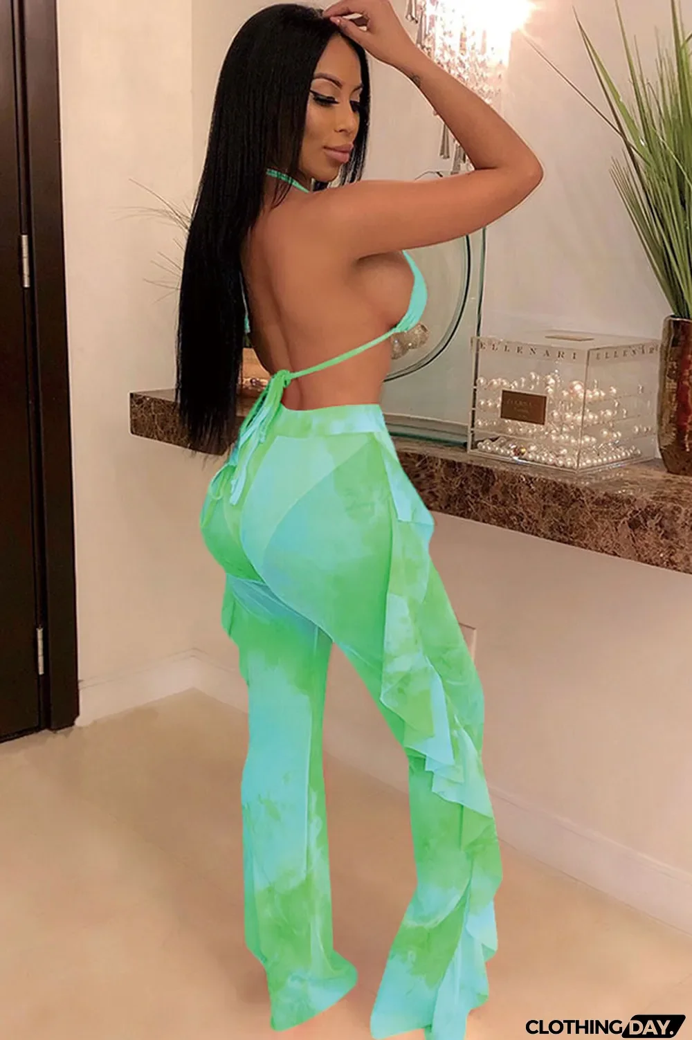 Yellow Polyester Sexy Fashion Stringy selvedge Print Tie Dye Patchwork Loose Sleeveless