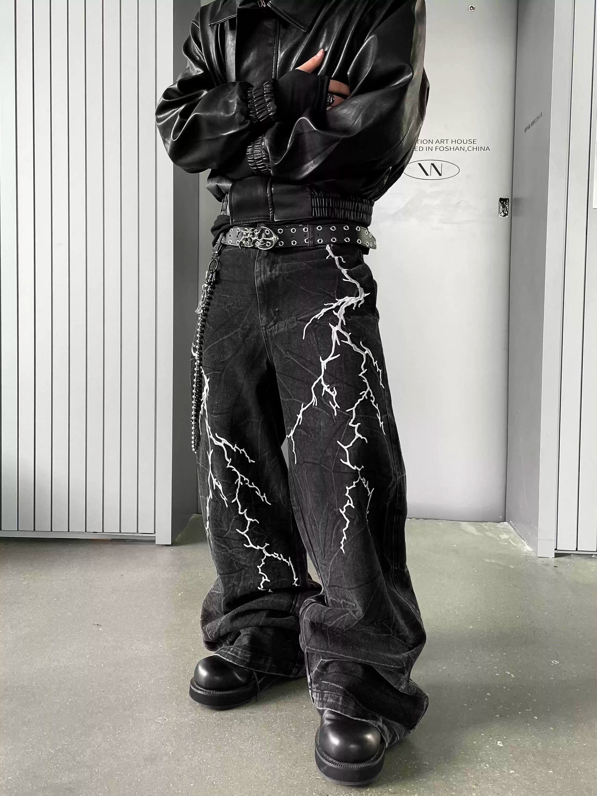 Art Satanic Embroidered Lightning Design Wide Leg Denim Jeans