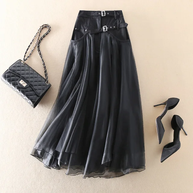 Dark Style Mesh Splicing High Waist Skirt