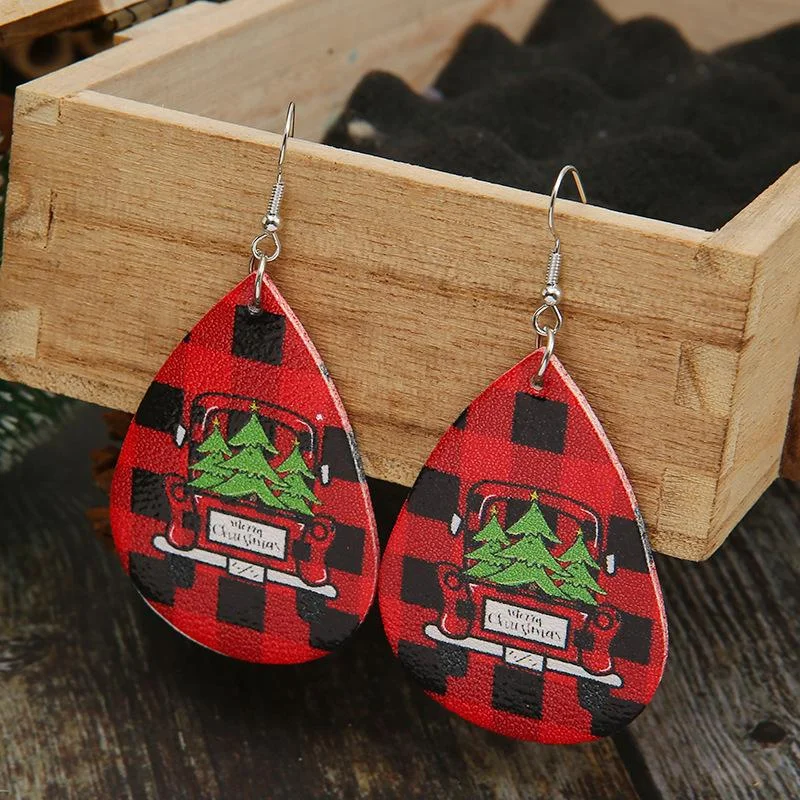 Christmas Tree and Car Plaid Leather Earrings