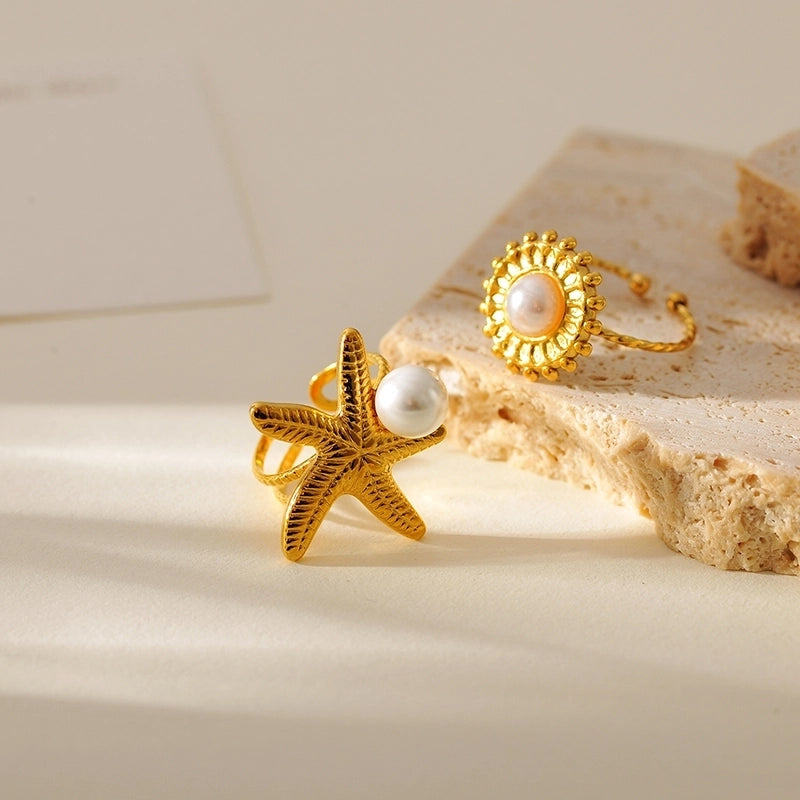 Beach Round Starfish 304 Stainless Steel Pearl 18K Gold Plated Plating Inlay Open Rings