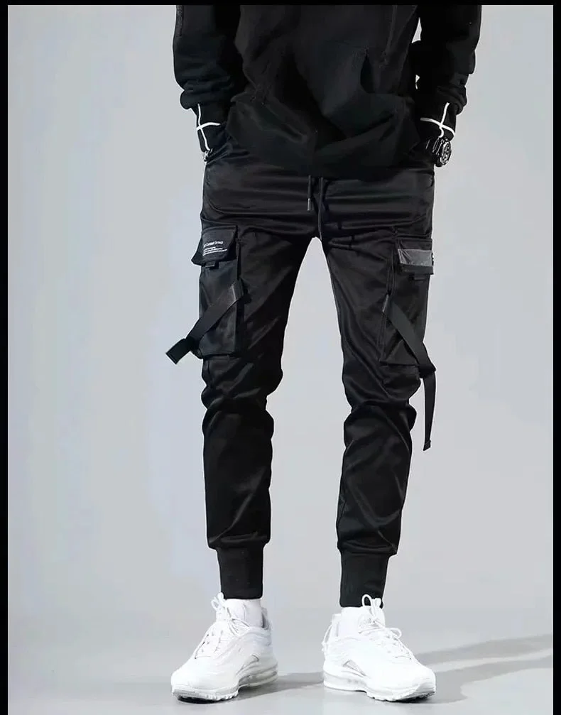 2021 New Joggers Cargo Pants for Men Casual Hip Hop Hit Color Pocket Male Trousers Sweatpants Streetwear Ribbons Techwear Pants