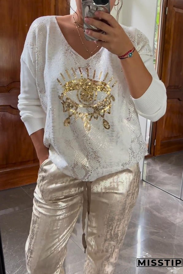 Three-dimensional Eye V-neck Long-sleeved Hot Stamping Top