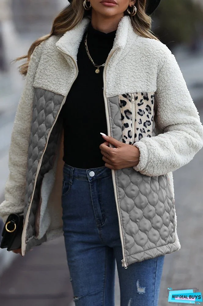 Color Block Leopard Patchwork Zipper Fleece Coat