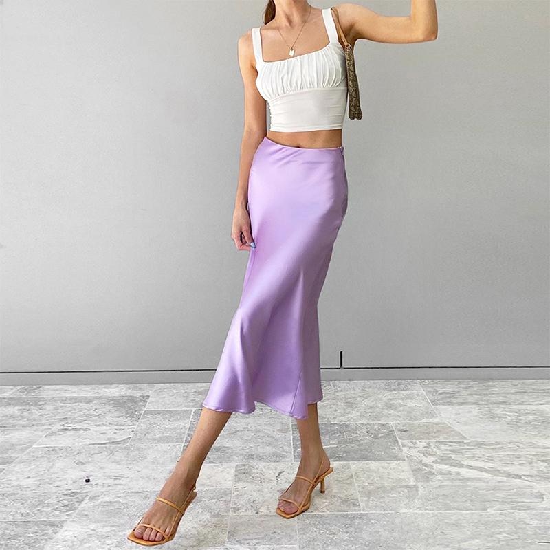 Solid Purple Satin Silk Skirt Women High Waisted Summer Long Skirt New Elegant Ladies Office Skirts Midi Spring LANFUBEISI