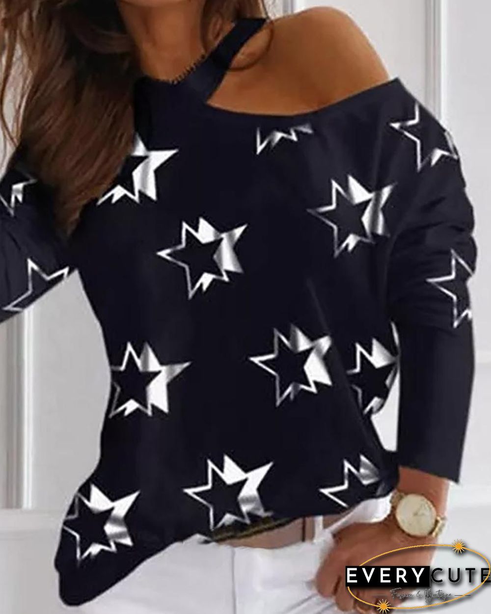 Star Print Cold Shoulder Casual T-shirt P15476