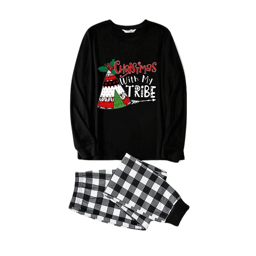 "Christmas With My Tribe" Pattern Ⅰ - Black and White Plaid Family Matching Pajamas