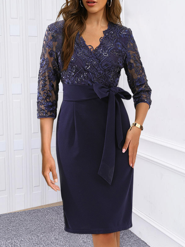 Floral Urban Lace Patchwork Navy Belted Knee Length Dress