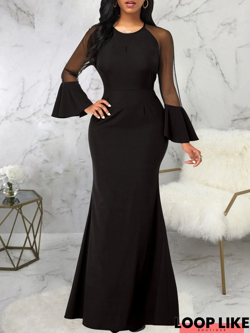 Mesh Fishtail Long Sleeve Formal Maxi Dress